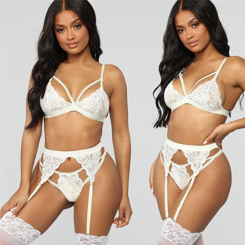 Sexy Women's "Stand Up" Lace Three-Piece Lingerie Set