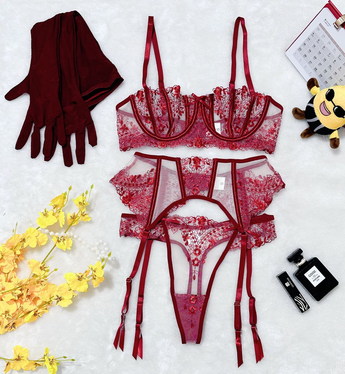 "Patchwork" Floral Embroidery, Mesh Lingerie Set