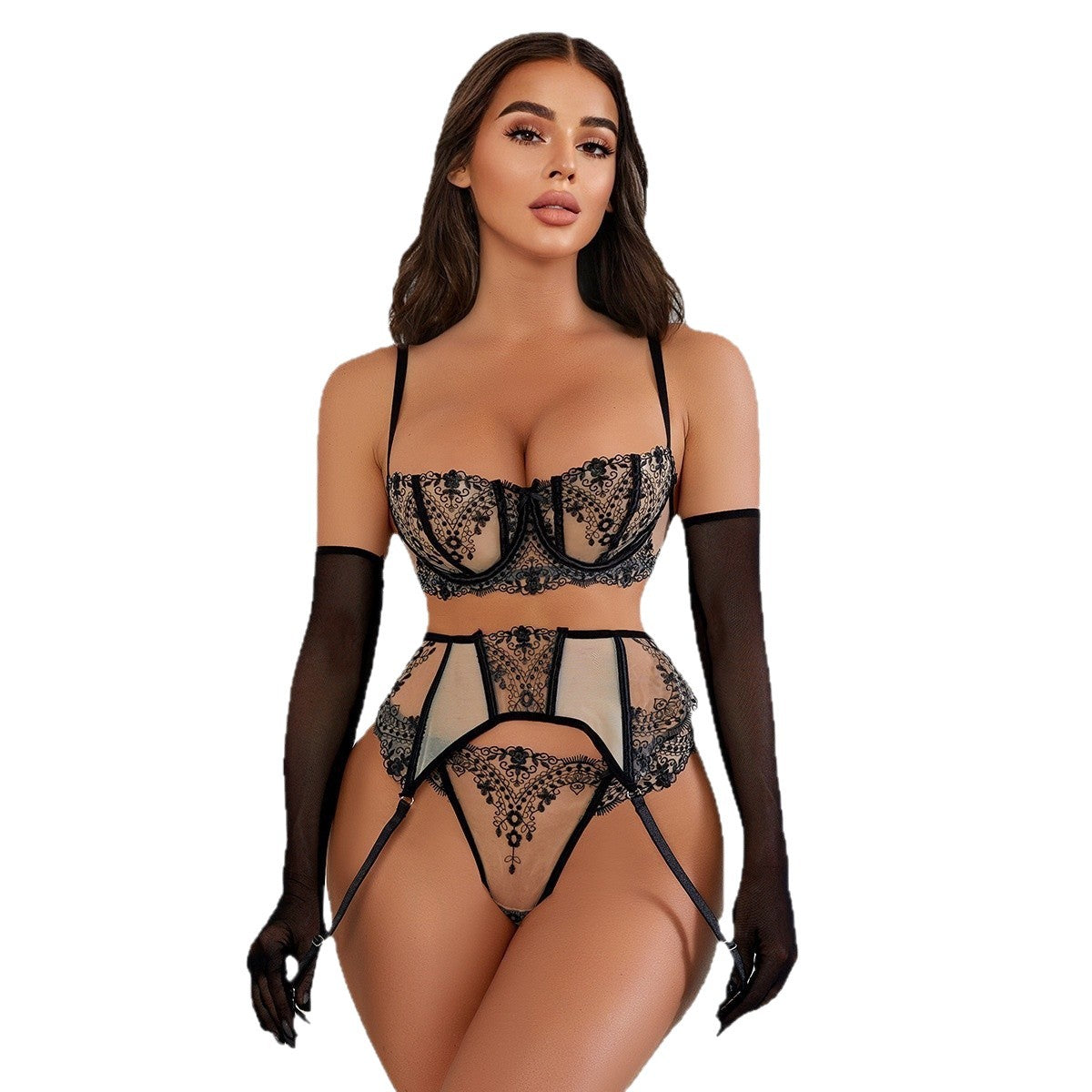 "Patchwork" Floral Embroidery, Mesh Lingerie Set