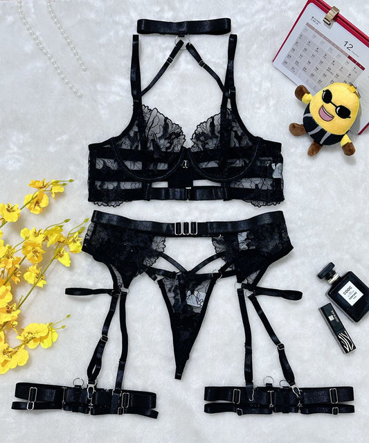 "Cross Me" Strap Embroidered, Sheer, Mesh Lingerie Set