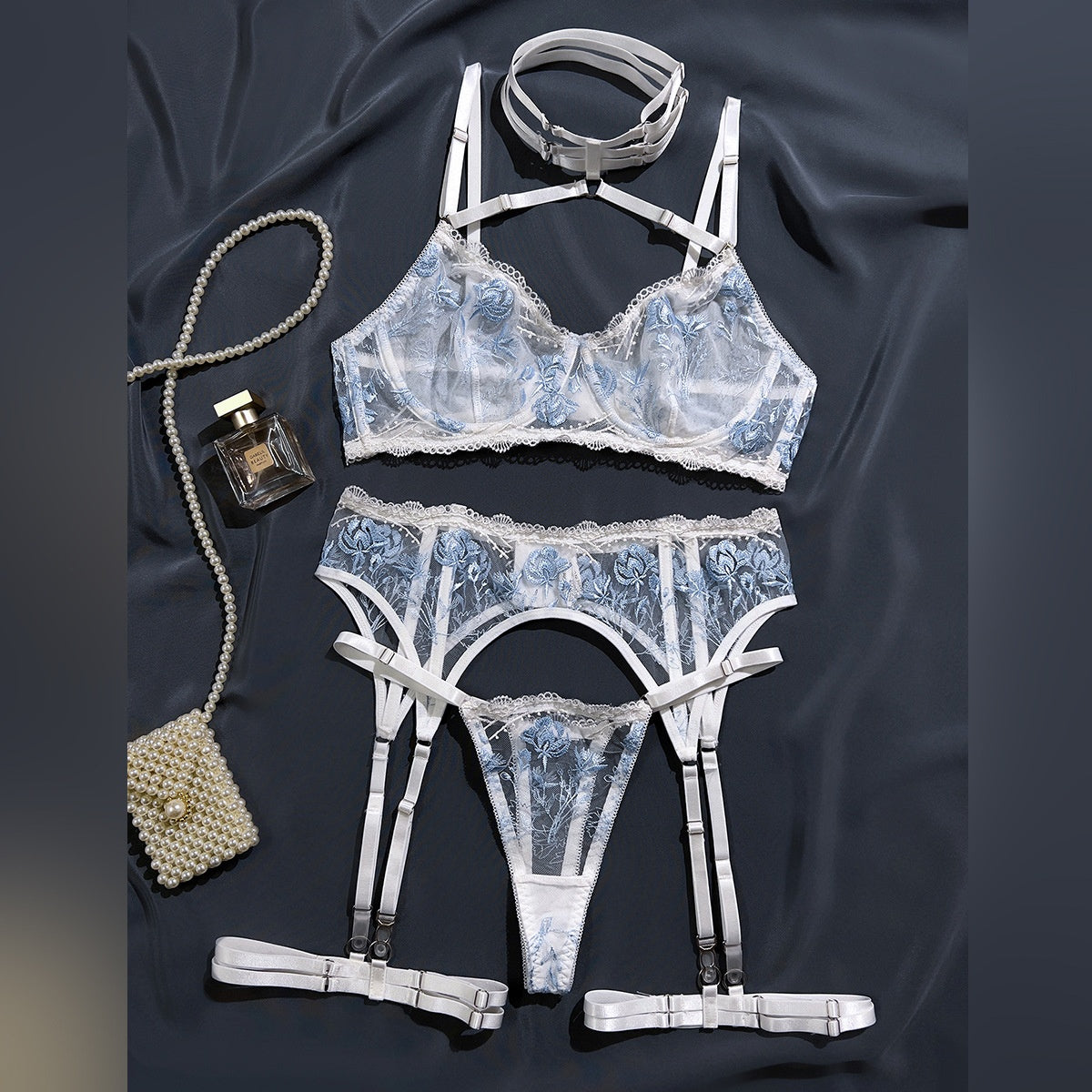 "Breathable" White and Blue Embroidered Lingerie Set