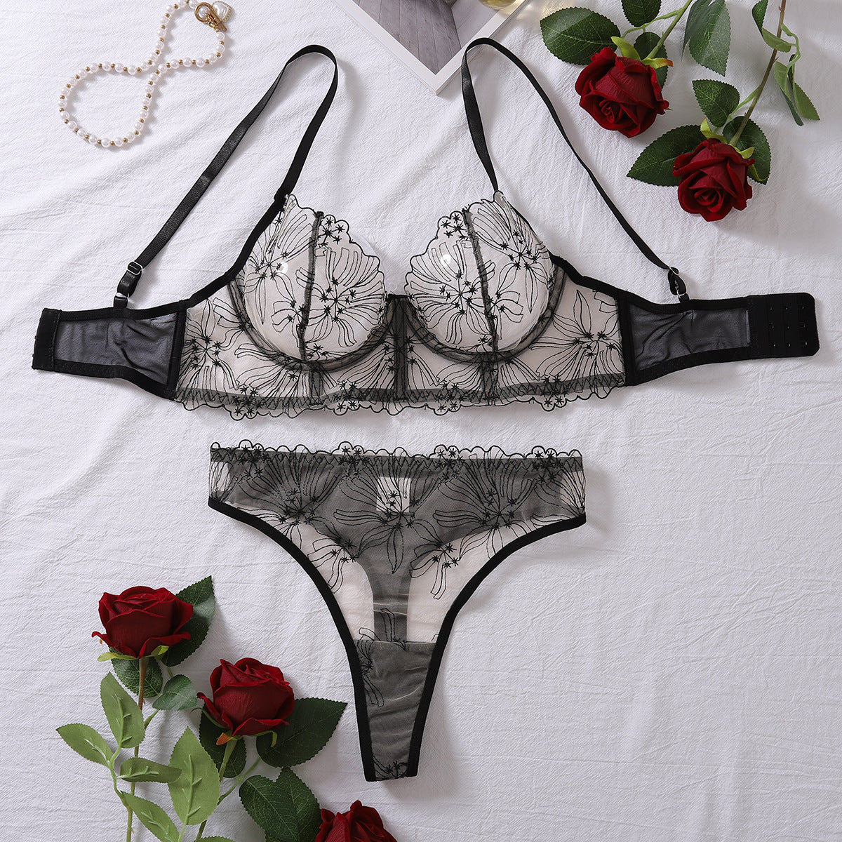 "Come Over" Embroidered Splicing Perspective Two-Piece Set