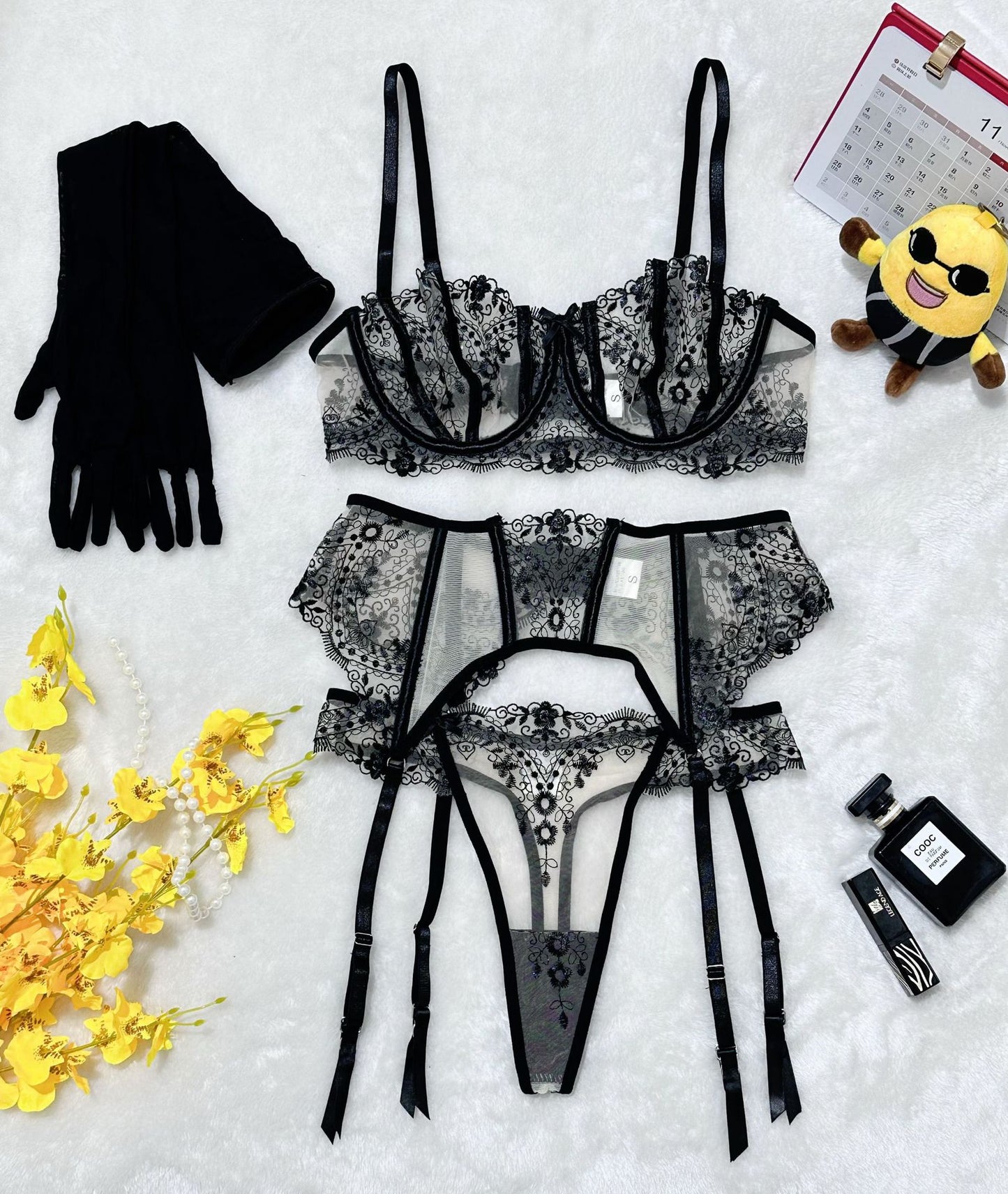 "Patchwork" Floral Embroidery, Mesh Lingerie Set