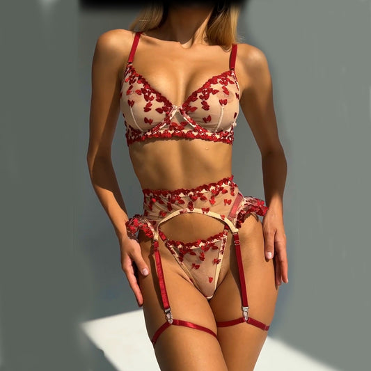 "Heart Me" Sexy Lingerie Four-Piece, Heart Embroidery Mesh Lace Set